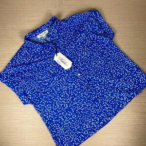 Vine & Love Blue Printed Short Sleeve Button-Up Top | Women’s Small